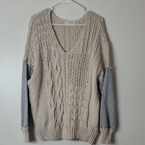 BY Together Cotton Chunky Cableknit V-neck Sweater Size Large Boho Slouchy Fit